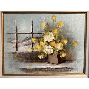 VTG 1960s Yellow Rose Oil Painting Signed by Henry